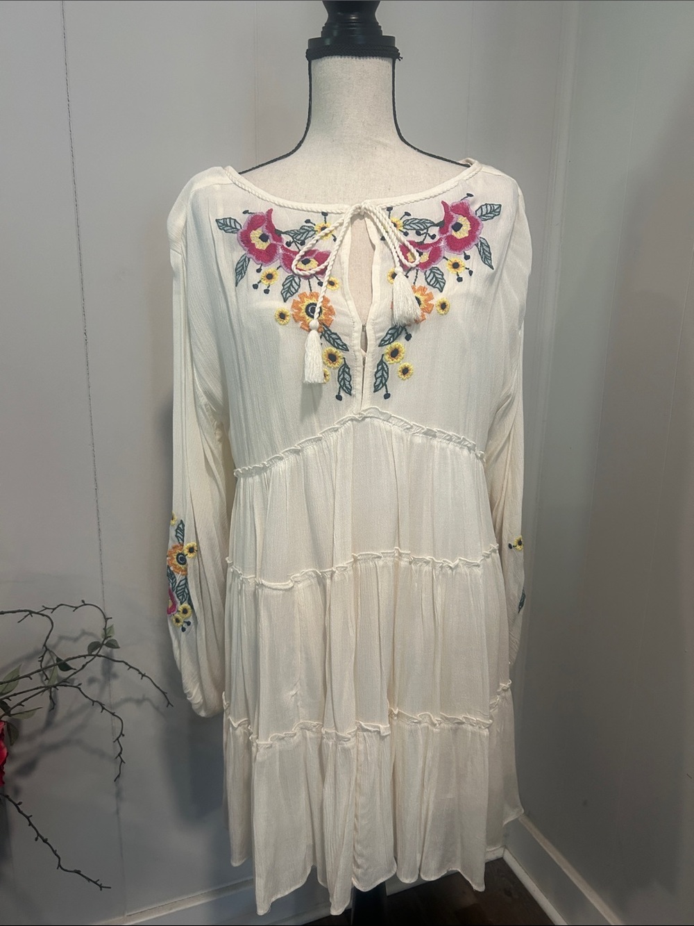 Free People Ivory Embroidered Tie-Neck Tiered Dress